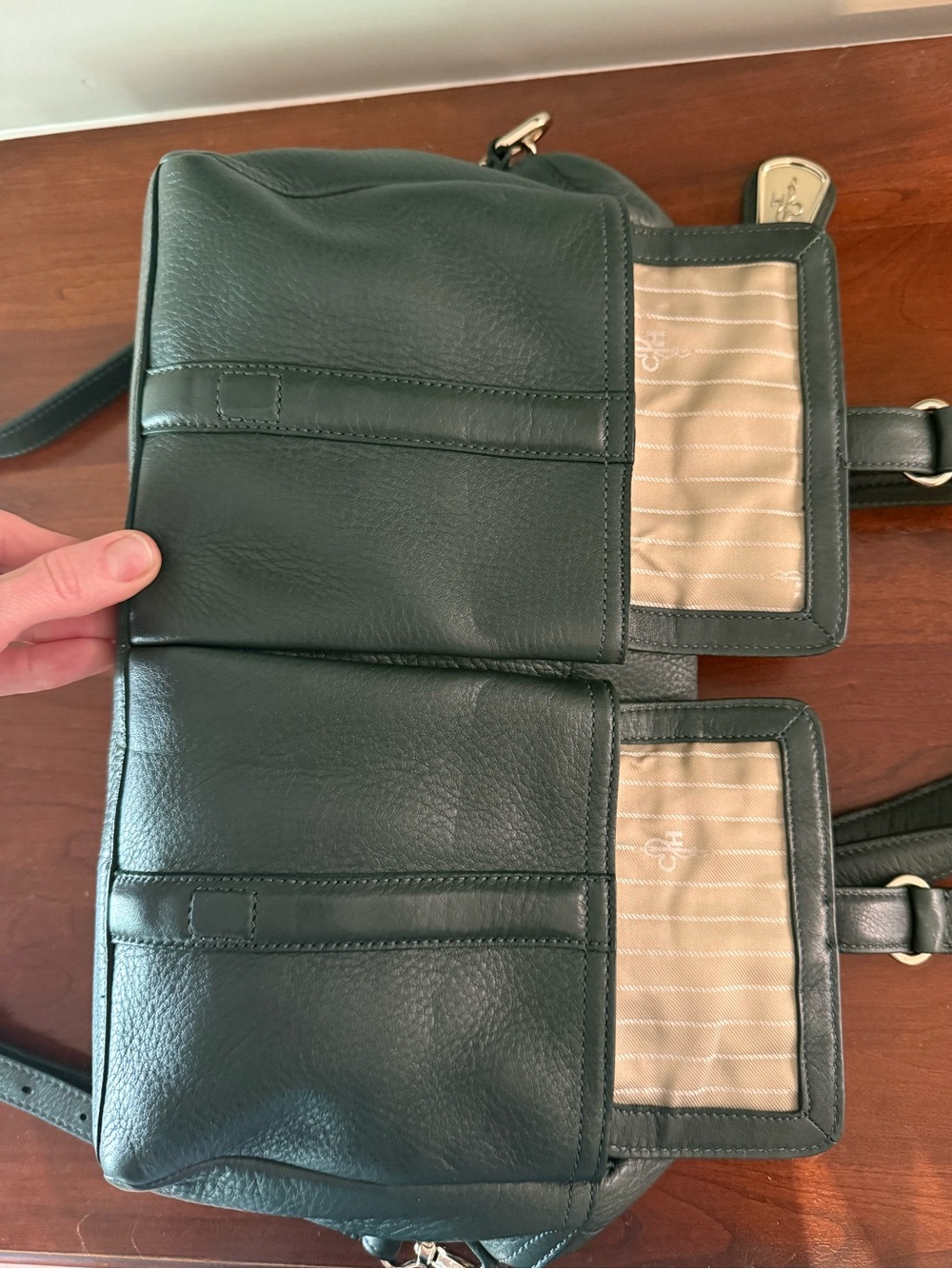 Cole Haan Pebbled Leather Satchel Crossbody Bag Forest Green Double Pocket EUC - Picture 6 of 9